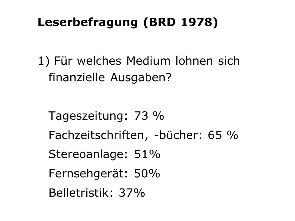 Leserbefragung (BRD 1978) 1) Für welches Medium lohnen sich finanzielle Ausgaben Tageszeitung: 73 %