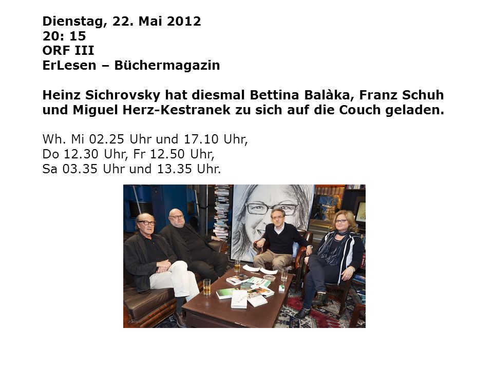 Dienstag, 22. Mai : 15. ORF III. ErLesen – Büchermagazin.