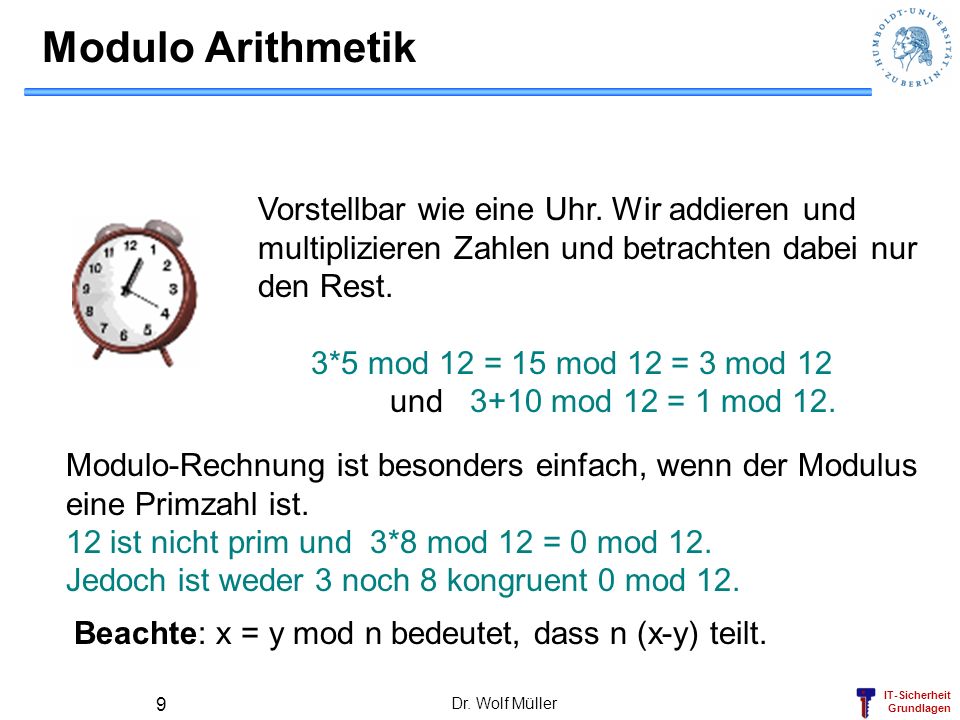 Modulo Arithmetik Vorstellbar wie eine Uhr. Wir addieren und multiplizieren Zahlen und betrachten dabei nur den Rest.