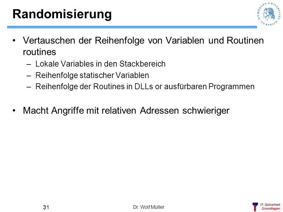 Randomisierung Vertauschen der Reihenfolge von Variablen und Routinen routines. Lokale Variables in den Stackbereich.