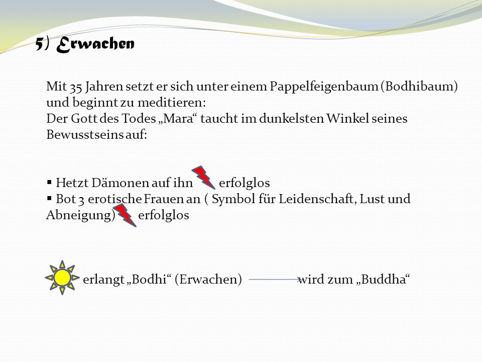5) Erwachen Mit 35 Jahren setzt er sich unter einem Pappelfeigenbaum (Bodhibaum) und beginnt zu meditieren: