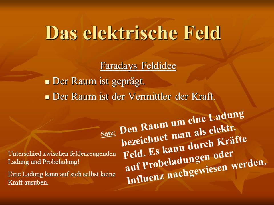 Das elektrische Feld Faradays Feldidee Der Raum ist geprägt.