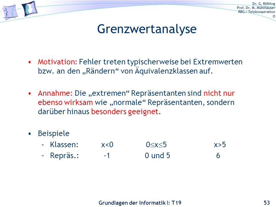 Grenzwertanalyse Motivation: Fehler treten typischerweise bei Extremwerten bzw. an den „Rändern von Äquivalenzklassen auf.