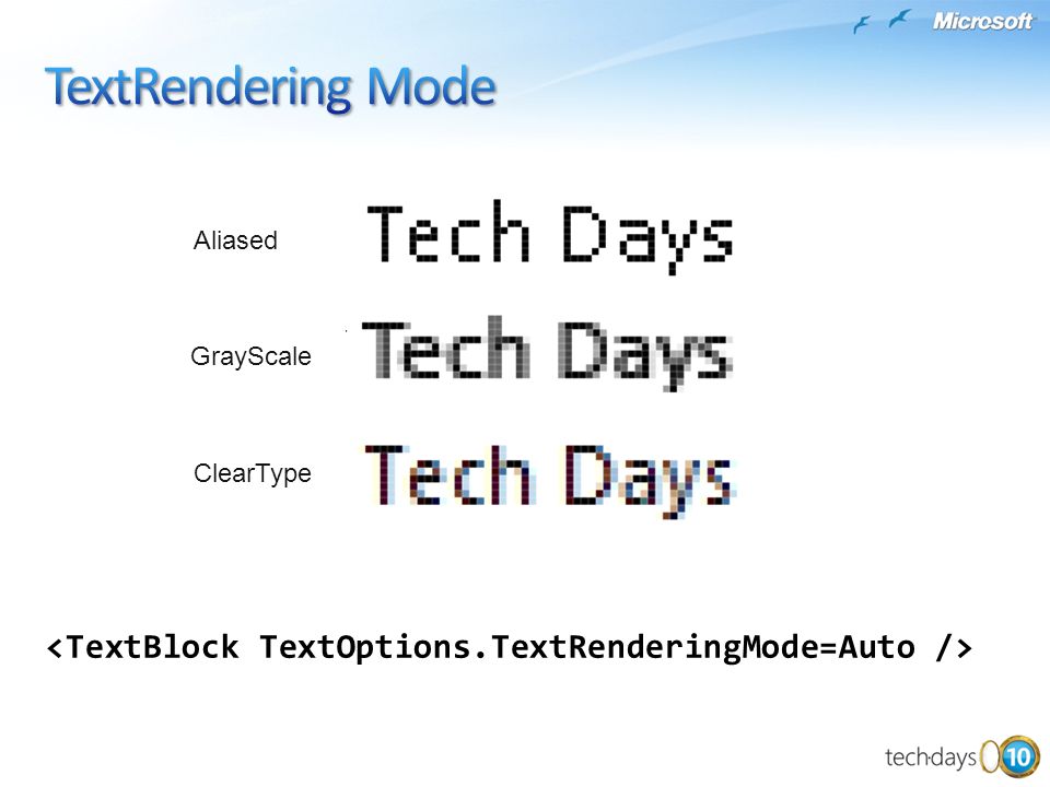 TextRendering Mode Aliased GrayScale ClearType <TextBlock TextOptions.TextRenderingMode=Auto />