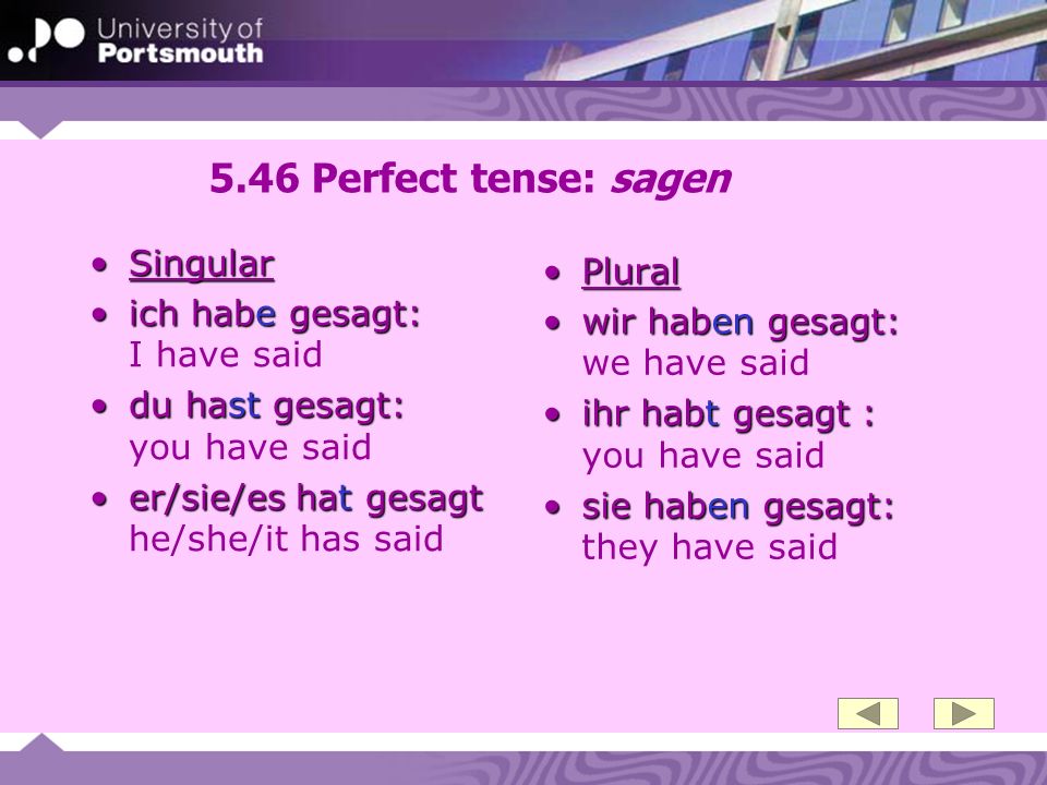5.46 Perfect tense: sagen Singular Plural ich habe gesagt: I have said