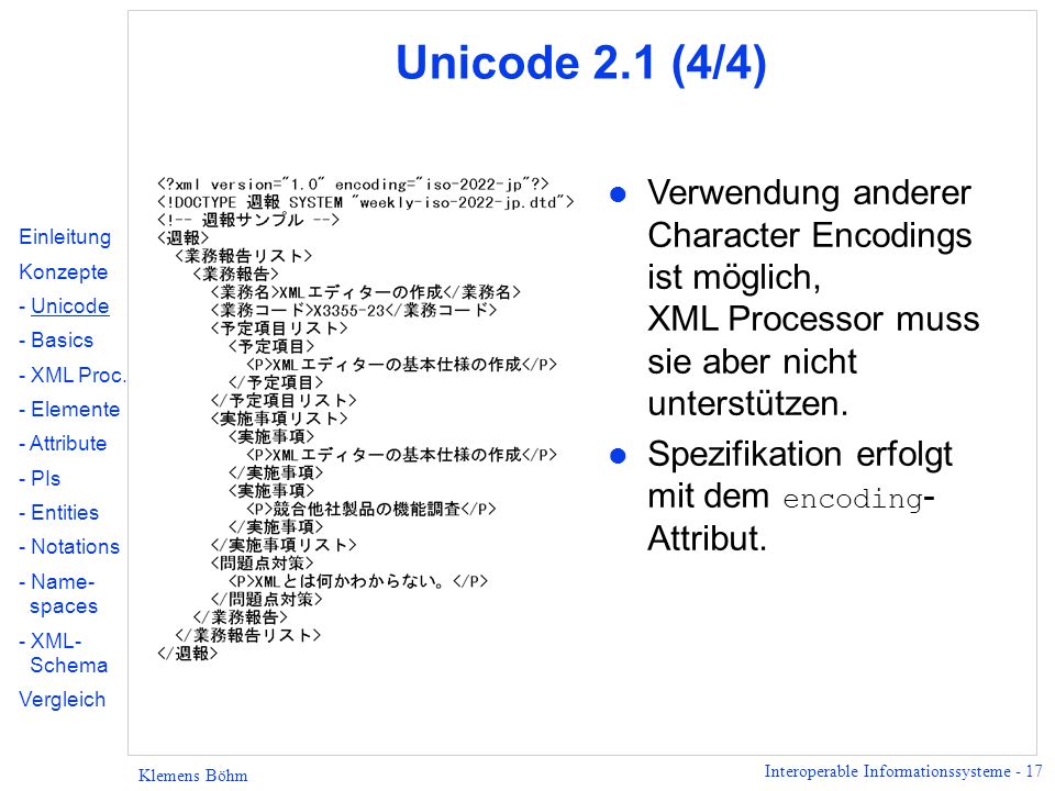 Unicode 2.1 (4/4) Verwendung anderer Character Encodings ist möglich, XML Processor muss sie aber nicht unterstützen.