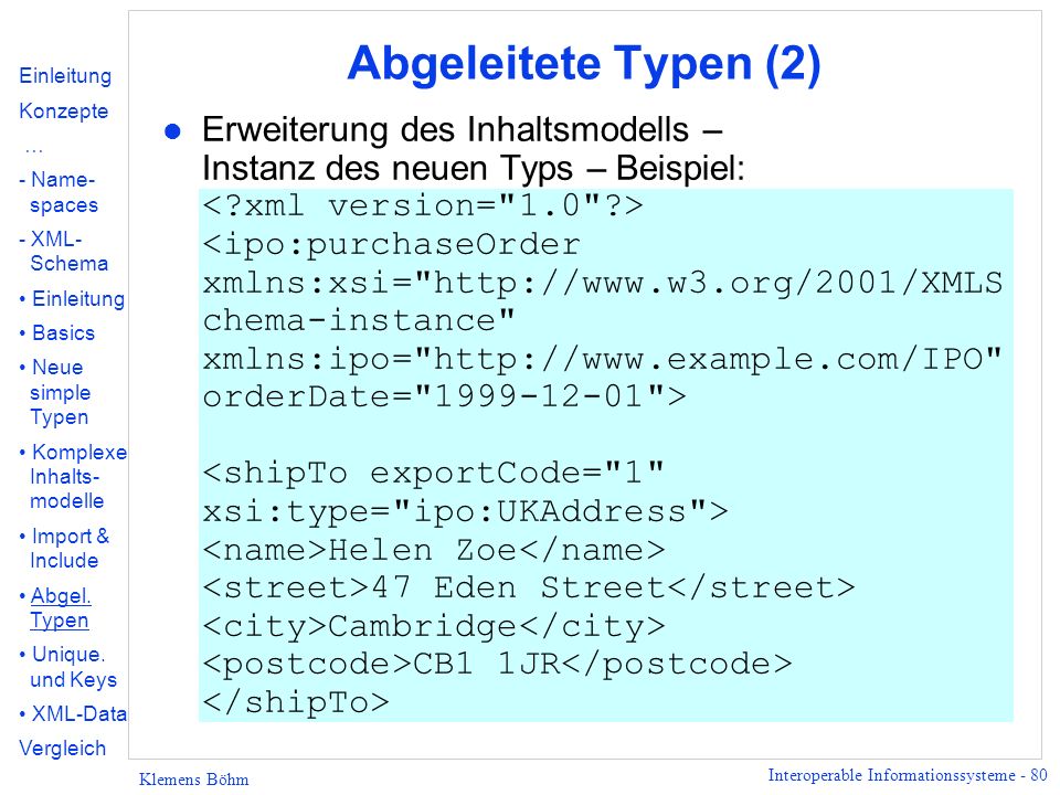 Abgeleitete Typen (2) Einleitung. Konzepte. … - Name- spaces. XML- Schema. Basics. Neue simple Typen.