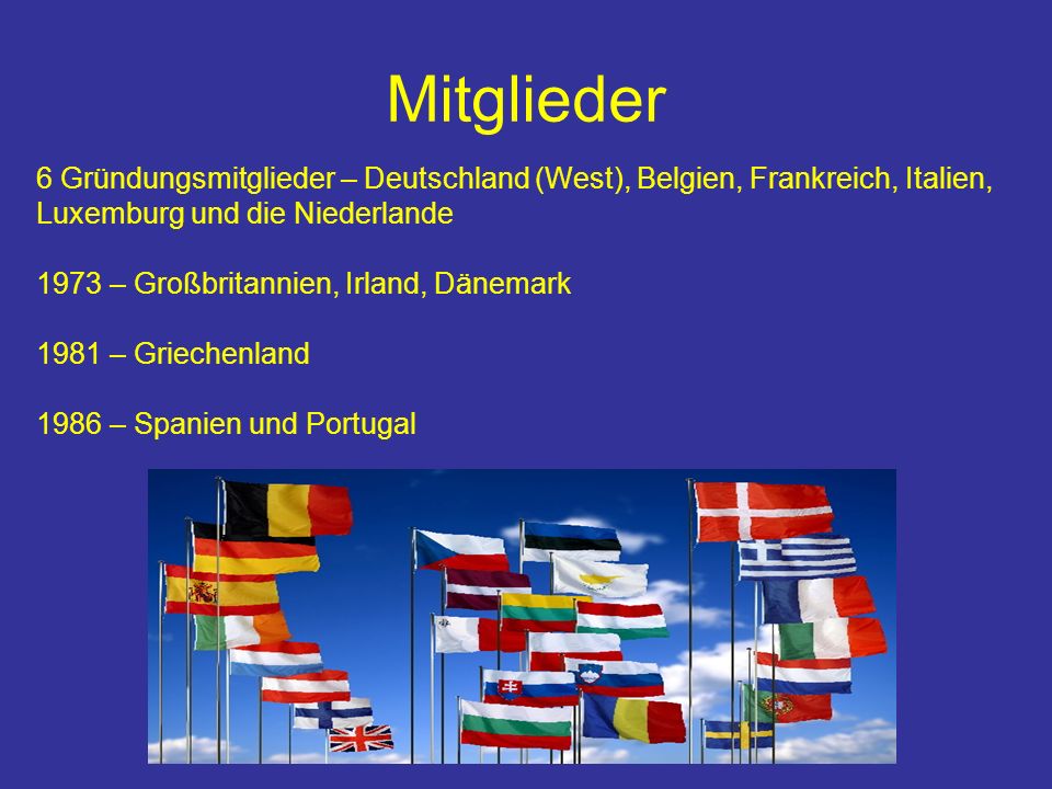 Mitglieder 6 Gründungsmitglieder – Deutschland (West), Belgien, Frankreich, Italien, Luxemburg und die Niederlande.