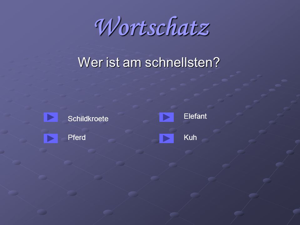Wortschatz Wer ist am schnellsten Elefant Schildkroete Pferd Kuh