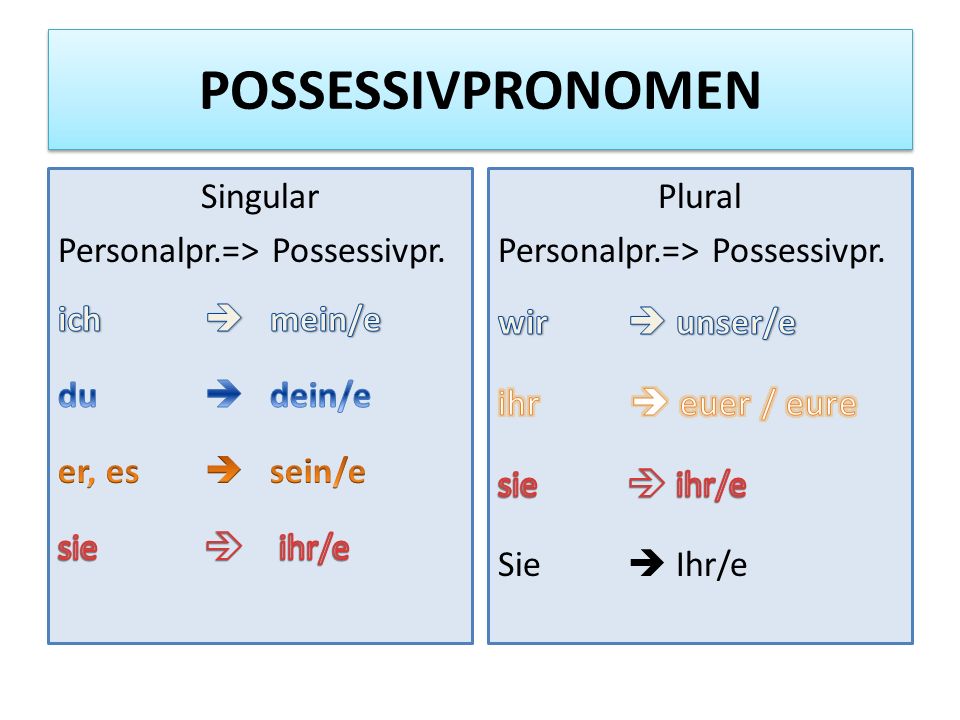 POSSESSIVPRONOMEN Singular Personalpr.=> Possessivpr. ich  mein/e du  dein/e er, es  sein/e sie  ihr/e