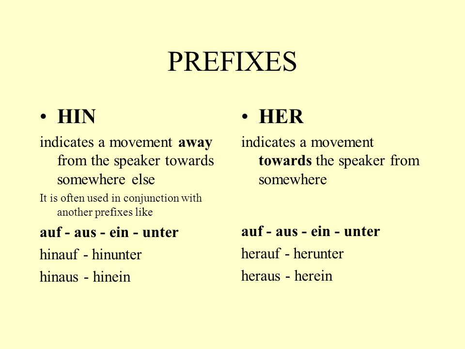 PREFIXES HIN. indicates a movement away from the speaker towards somewhere else. It is often used in conjunction with another prefixes like.