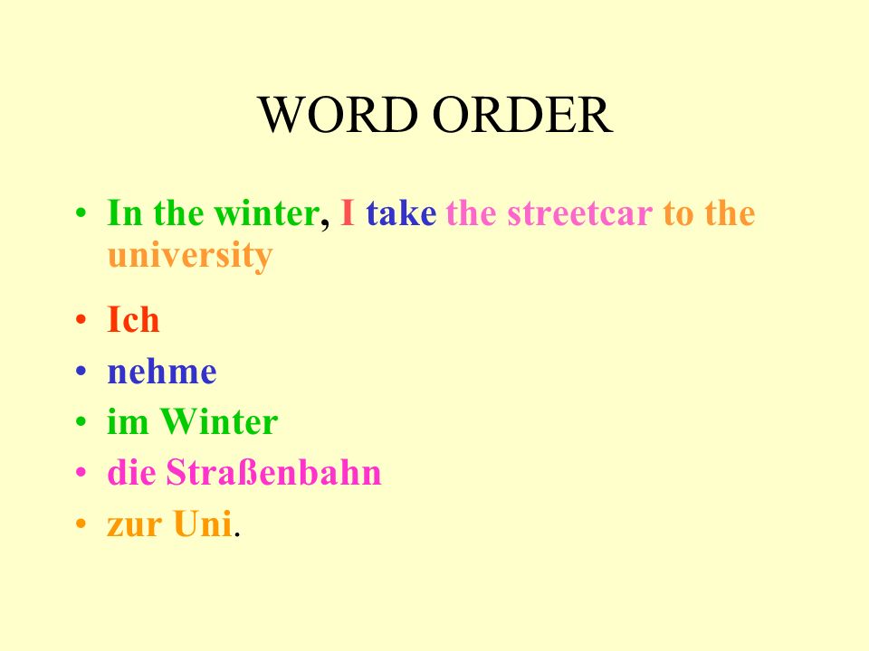 WORD ORDER In the winter, I take the streetcar to the university Ich