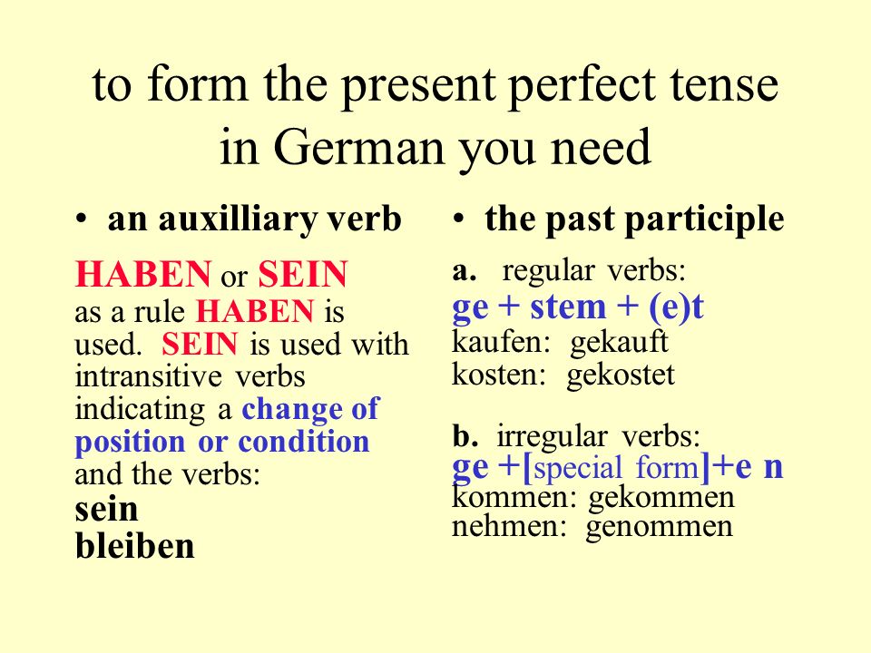 to form the present perfect tense in German you need
