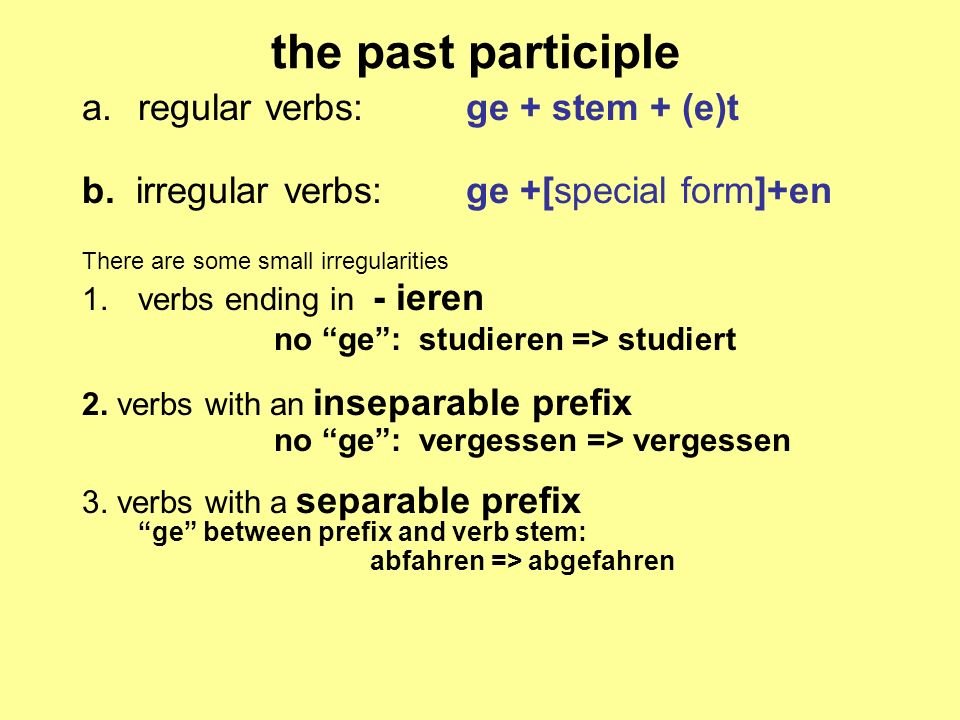 the past participle regular verbs: ge + stem + (e)t