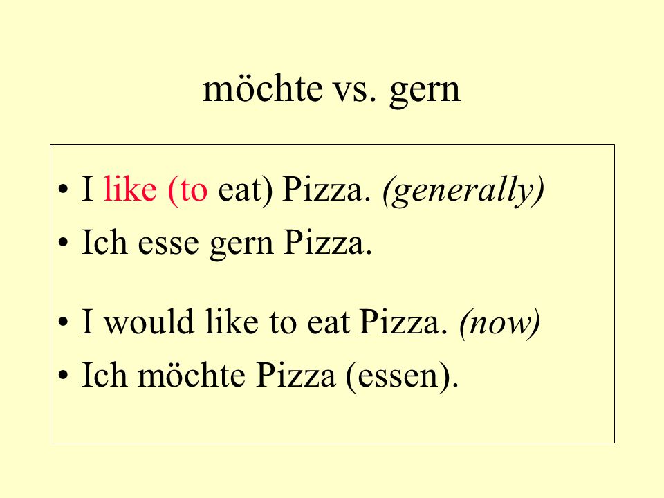 möchte vs. gern I like (to eat) Pizza. (generally)