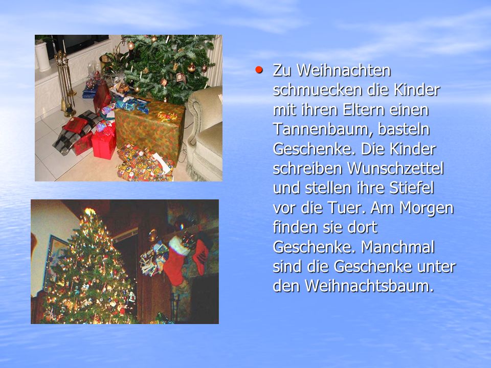 Zu Weihnachten schmuecken die Kinder mit ihren Eltern einen Tannenbaum, basteln Geschenke.
