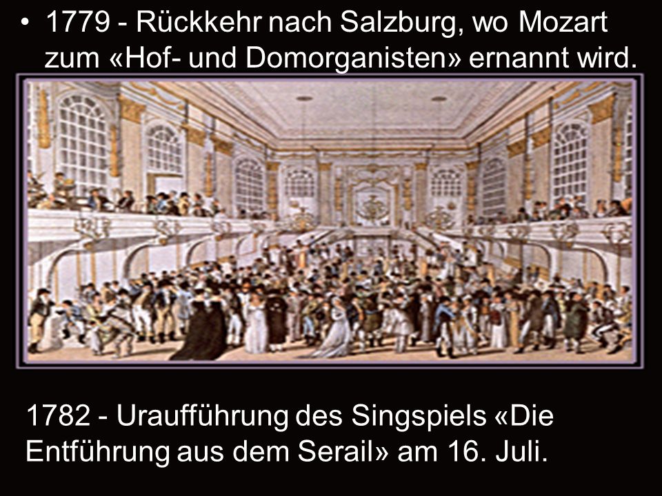 Rückkehr nach Salzburg, wo Mozart zum «Hof- und Domorganisten» ernannt wird.