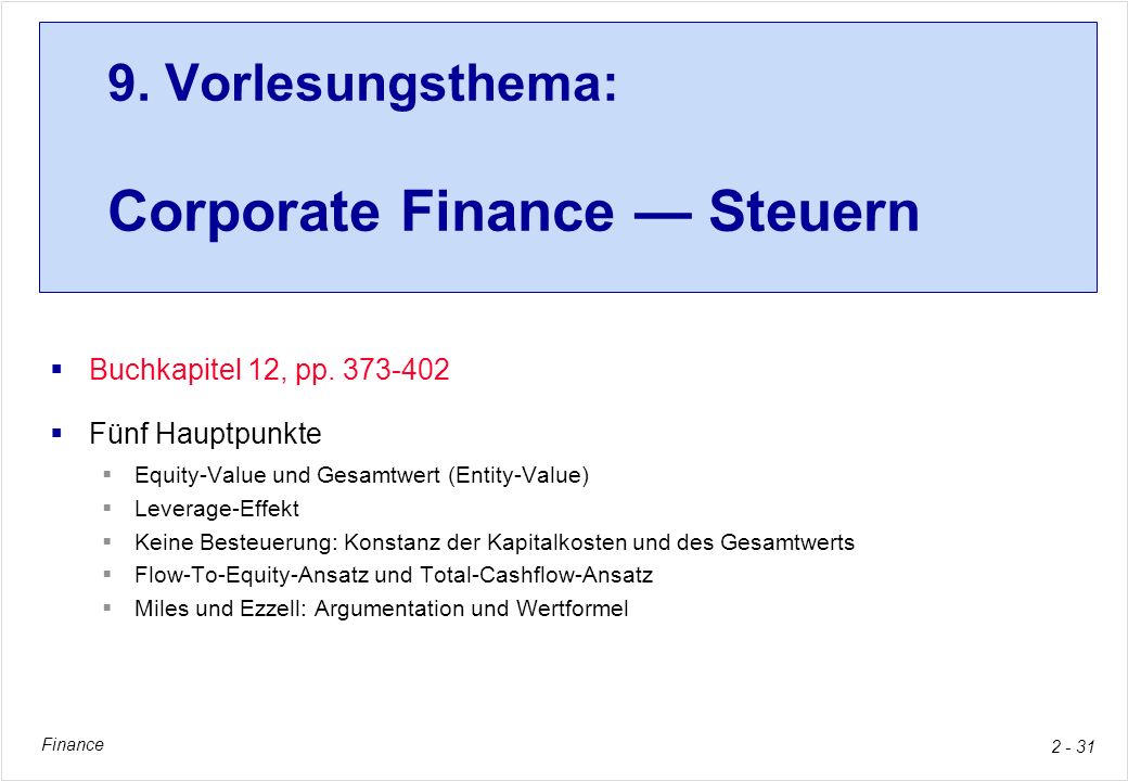 9. Vorlesungsthema: Corporate Finance — Steuern