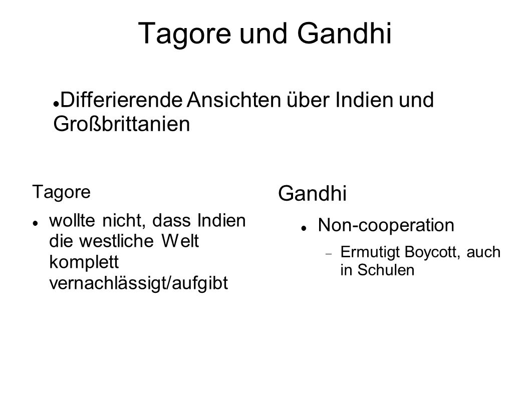 Tagore und Gandhi Differierende Ansichten über Indien und Großbrittanien. Tagore.