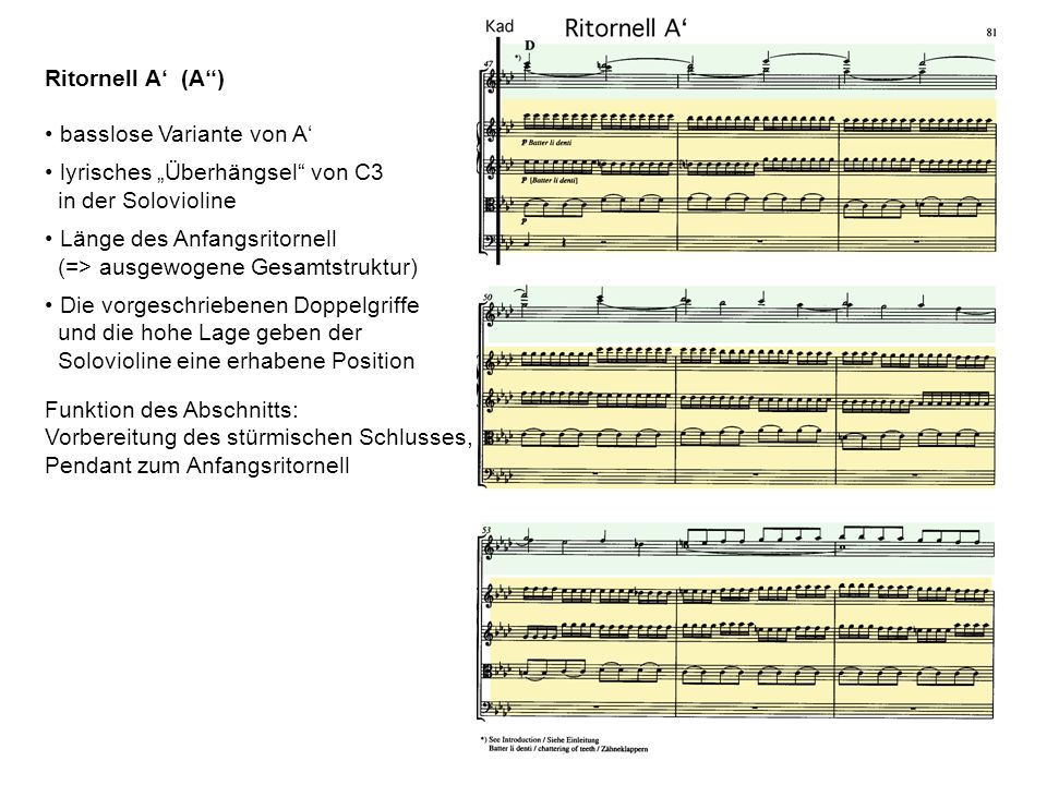 Ritornell A‘ (A‘‘) basslose Variante von A‘ lyrisches „Überhängsel von C3. in der Solovioline. Länge des Anfangsritornell.