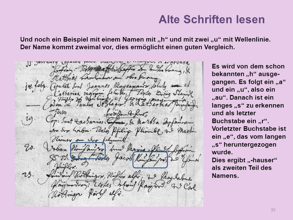 Alte Schriften lesen Und noch ein Beispiel mit einem Namen mit „h und mit zwei „u mit Wellenlinie.