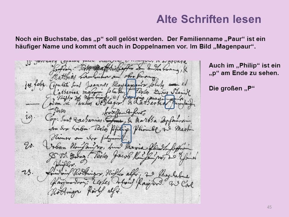 Alte Schriften lesen Noch ein Buchstabe, das „p soll gelöst werden. Der Familienname „Paur ist ein.