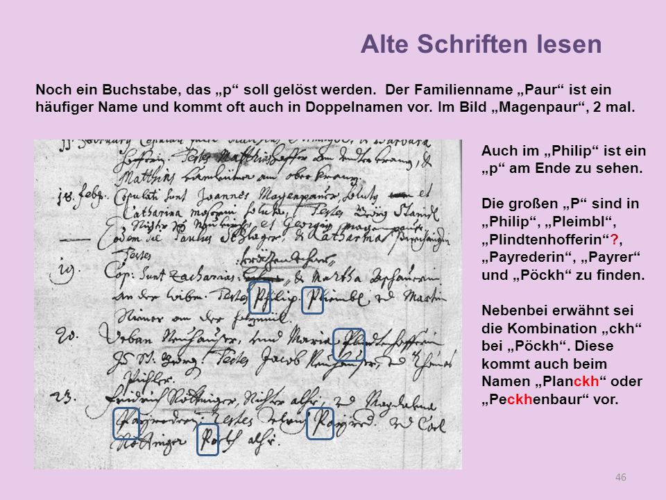 Alte Schriften lesen Noch ein Buchstabe, das „p soll gelöst werden. Der Familienname „Paur ist ein.