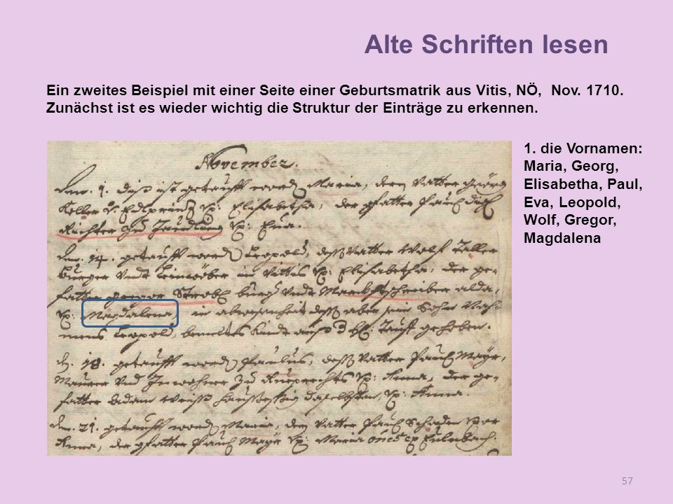 Alte Schriften lesen Ein zweites Beispiel mit einer Seite einer Geburtsmatrik aus Vitis, NÖ, Nov