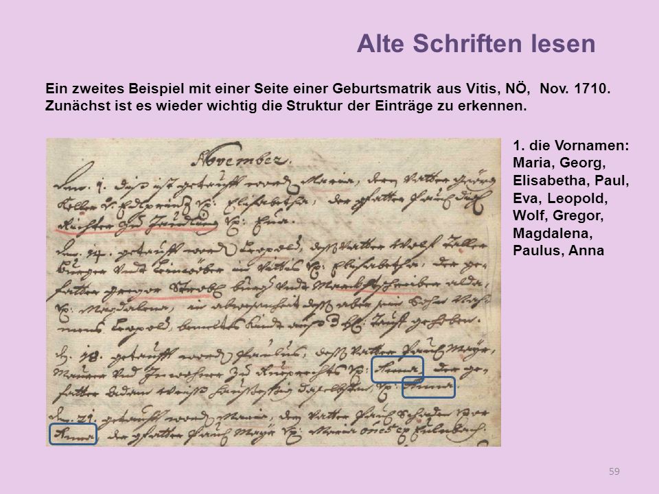 Alte Schriften lesen Ein zweites Beispiel mit einer Seite einer Geburtsmatrik aus Vitis, NÖ, Nov