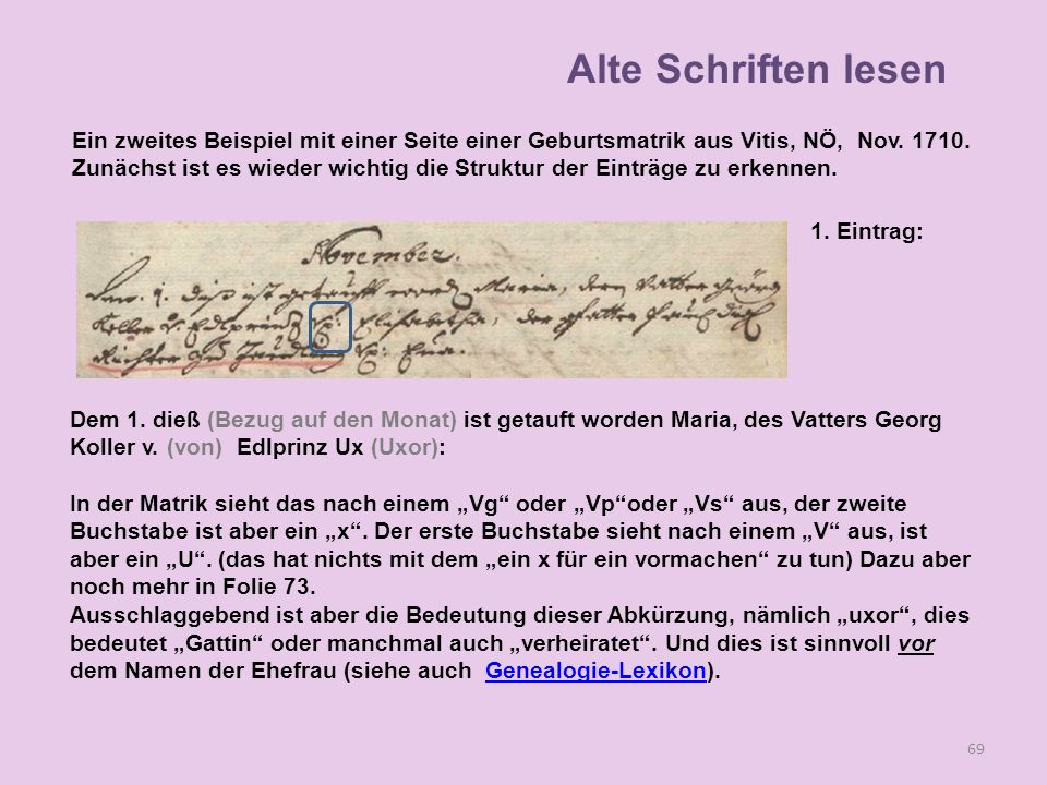 Alte Schriften lesen Ein zweites Beispiel mit einer Seite einer Geburtsmatrik aus Vitis, NÖ, Nov