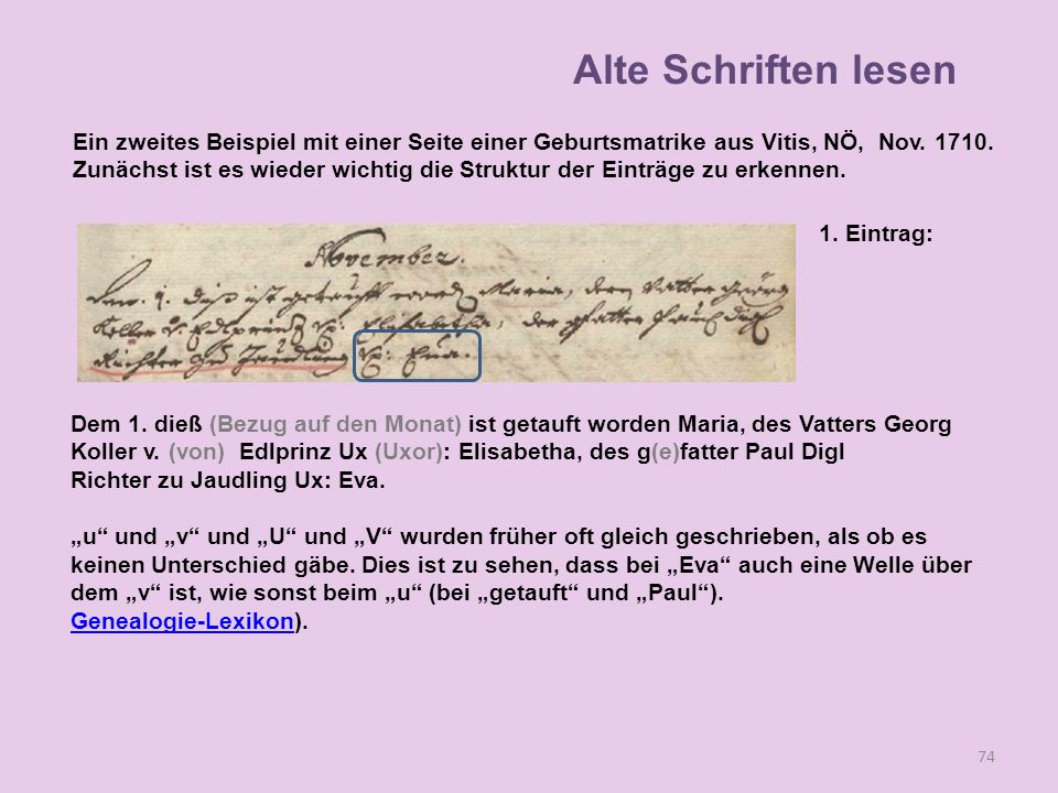 Alte Schriften lesen Ein zweites Beispiel mit einer Seite einer Geburtsmatrike aus Vitis, NÖ, Nov