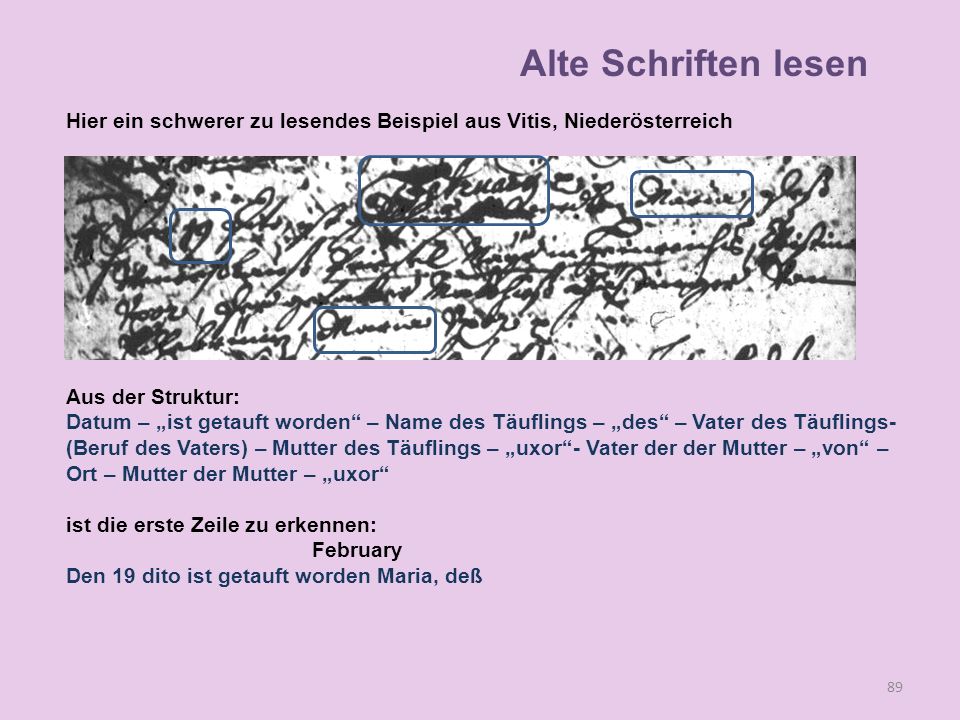 Alte Schriften lesen Hier ein schwerer zu lesendes Beispiel aus Vitis, Niederösterreich. Aus der Struktur: