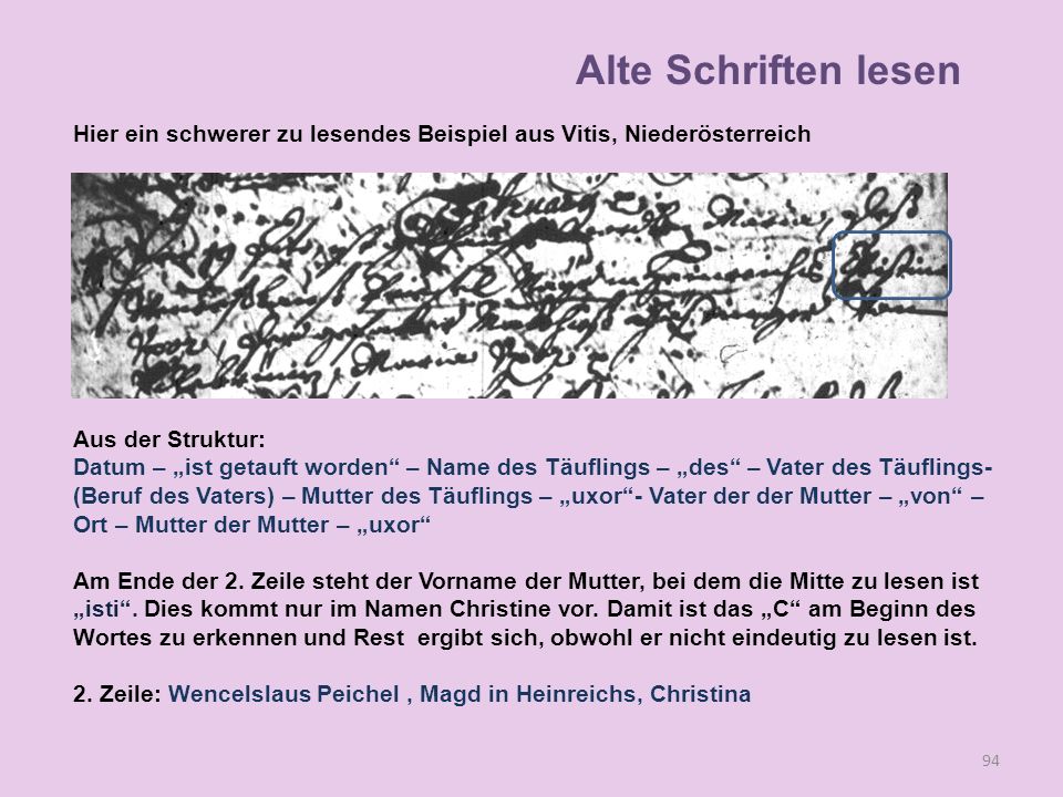 Alte Schriften lesen Hier ein schwerer zu lesendes Beispiel aus Vitis, Niederösterreich. Aus der Struktur: