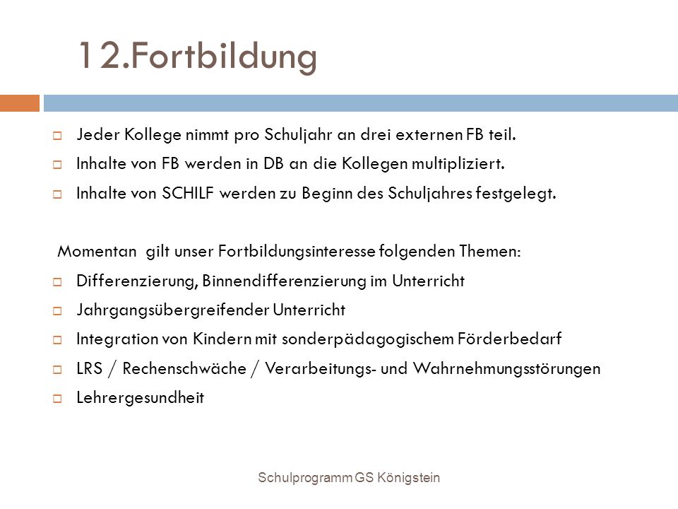12.Fortbildung Jeder Kollege nimmt pro Schuljahr an drei externen FB teil. Inhalte von FB werden in DB an die Kollegen multipliziert.