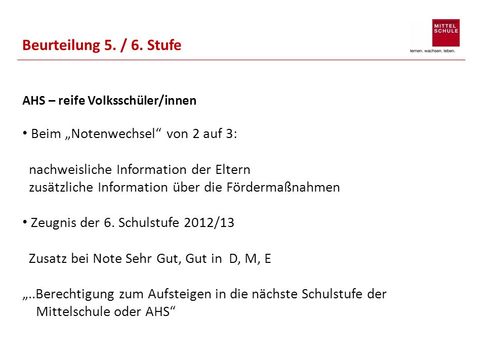 Beurteilung 5. / 6. Stufe AHS – reife Volksschüler/innen.