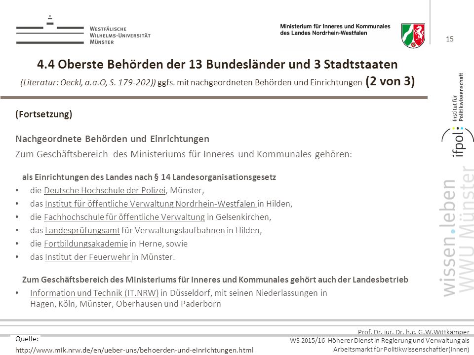 4.4 Oberste Behörden der 13 Bundesländer und 3 Stadtstaaten (Literatur: Oeckl, a.a.O, S )) ggfs. mit nachgeordneten Behörden und Einrichtungen (2 von 3)