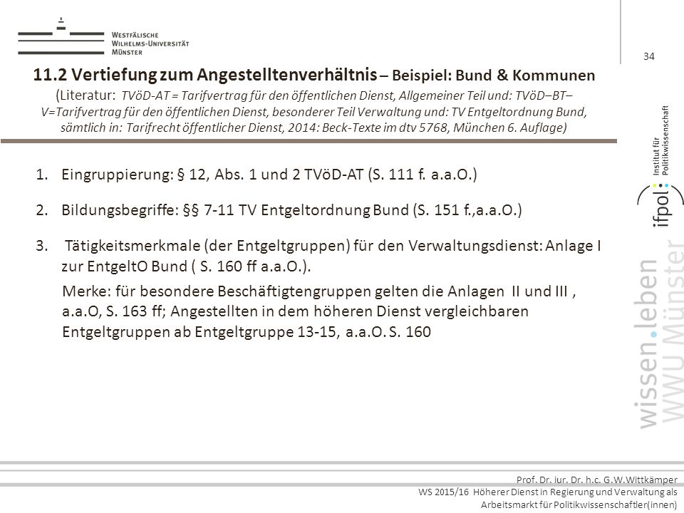 11.2 Vertiefung zum Angestelltenverhältnis – Beispiel: Bund & Kommunen (Literatur: TVöD-AT = Tarifvertrag für den öffentlichen Dienst, Allgemeiner Teil und: TVöD–BT–V=Tarifvertrag für den öffentlichen Dienst, besonderer Teil Verwaltung und: TV Entgeltordnung Bund, sämtlich in: Tarifrecht öffentlicher Dienst, 2014: Beck-Texte im dtv 5768, München 6. Auflage)