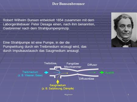 Der Bunsenbrenner Robert Wilhelm Bunsen entwickelt 1854 zusammen mit dem Laborgerätebauer Peter Desaga einen, nach ihm benannten, Gasbrenner nach dem Strahlpumpenprinzip.