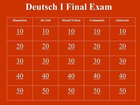 Deutsch I Final Exam Klamottendie ZeitModal VerbenCommandsAkkusativ 10 20 30 40 50.