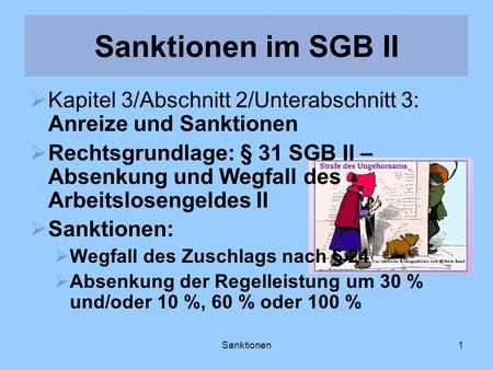 Sanktionen im SGB II Kapitel 3/Abschnitt 2/Unterabschnitt 3: Anreize und Sanktionen Rechtsgrundlage: § 31 SGB II – Absenkung und Wegfall des Arbeitslosengeldes.