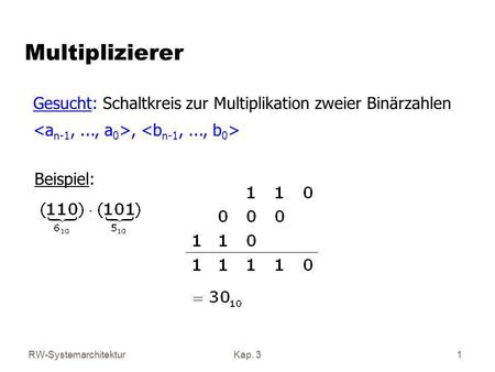 Multiplizierer Gesucht: Schaltkreis zur Multiplikation zweier Binärzahlen ,  Beispiel: RW-Systemarchitektur Kap. 3.