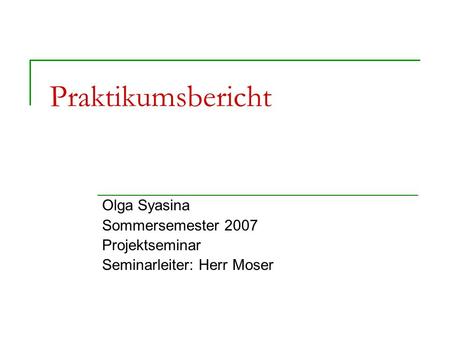 Praktikumsbericht Olga Syasina Sommersemester 2007 Projektseminar