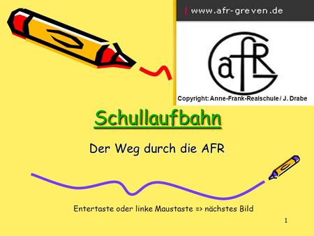 1 Schullaufbahn Der Weg durch die AFR Entertaste oder linke Maustaste => nächstes Bild Copyright: Anne-Frank-Realschule / J. Drabe.