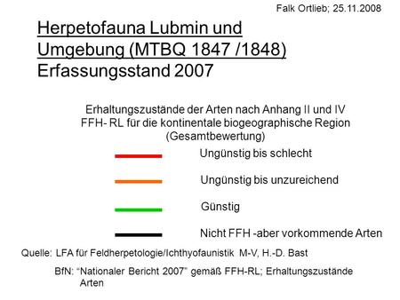 Falk Ortlieb; 25.11.2008 Herpetofauna Lubmin und Umgebung (MTBQ 1847 /1848) Erfassungsstand 2007 Erhaltungszustände der Arten nach Anhang II und IV FFH-