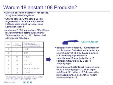 DSS Uni ZH, 2008 1 Warum 18 anstatt 108 Produkte? Die Wahl der Kombinationen ist von der sog. Conjoint-Analyse abgeleitet. Oft wird der sog. Orthogonale.