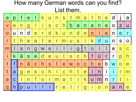How many German words can you find? List them.