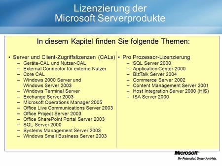 Lizenzierung der Microsoft Serverprodukte In diesem Kapitel finden Server und Client-Zugriffslizenzen (CALs) –Geräte-CAL und Nutzer-CAL –External Connector.