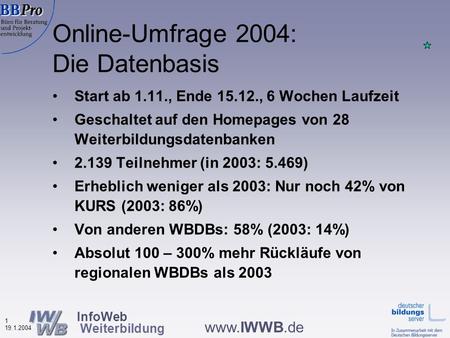 InfoWeb Weiterbildung 0 19.1.2004 www.IWWB.de Nutzung von Weiterbildungsdatenbanken 2004 Wolfgang Plum BBPro - Büro für Beratung und Projektentwicklung.