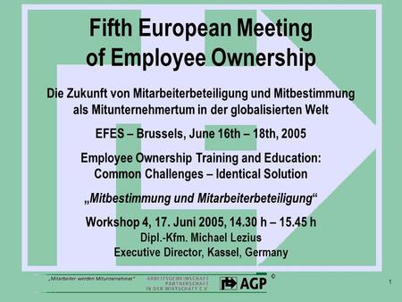 1 Fifth European Meeting of Employee Ownership Die Zukunft von Mitarbeiterbeteiligung und Mitbestimmung als Mitunternehmertum in der globalisierten Welt.