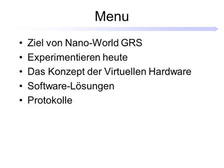 Menu Ziel von Nano-World GRS Experimentieren heute Das Konzept der Virtuellen Hardware Software-Lösungen Protokolle.